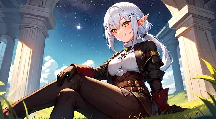 one girl, white hair, yellow color eye, elf, medium breast, long ponytail hairstyle, adventure theme, looking at the star, sitting in the grass, happy