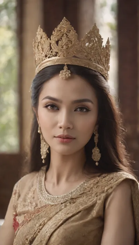 a Javanese folklore princess with extraordinary beauty and long, flowing hair, often seen wearing traditional Javanese attire and a crown, while sitting gracefully with a majestic presence in a royal palace