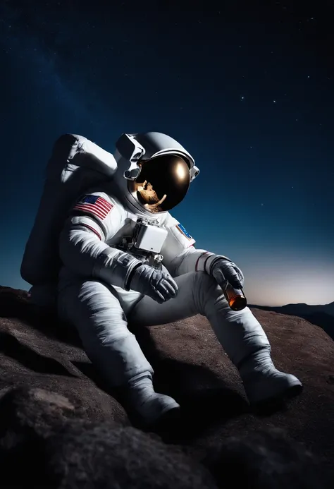 an astronaut sitting on the rock facing him with a bottle in his hand with a starry sky, cheio de efeitos, alta qualidade, alta qualidade na rocha no astronauta, melhor qualidade