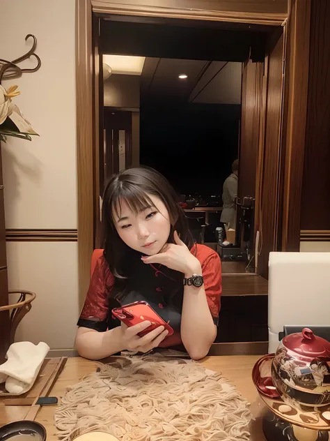 There is a woman sitting at the table with an onion, 奈良美智, chiho, taken with sony alpha 9, 8K selfie photo, she is holding a smartphone, wearing red cheongsam, very very low quality picture, taken with canon 8 0 d, Lady, Middle Metaverse