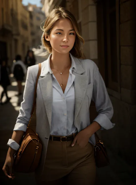 A stunning photograph of a fashionable Working-girl style lady walking down a sunny street in Marseille, captured in a naturalistic style by photographers Sam Yang and Ross Tran. The scene is highly-detailed, with intricate textures on the ladys clothing a...