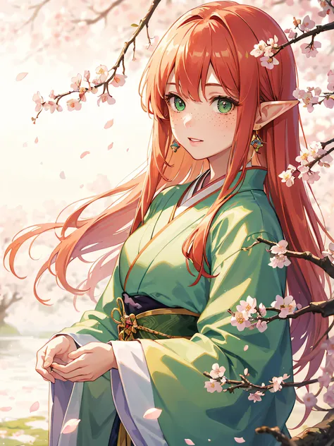 （（Best quality））， （（A Masterpiece））， （（realistic））(watercolor: 1.2), Light particles, japanese elf princess, flower, freckles, bangs, redhead, long hair, green eyes, hair between eyes, flower earrings, perfect hands, Beautiful composition, japanese cherry ...