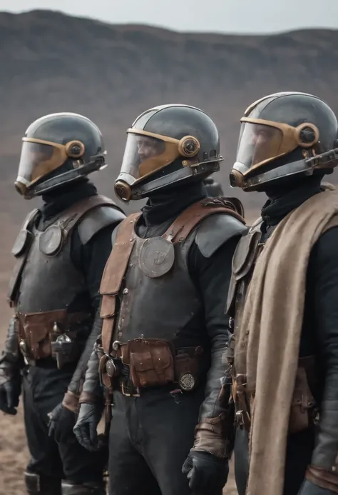 there are four men in helmets standing in a line, cyber steampunk 8 k 3 d, television screenshot, the fifth series, mugshots, anthropomorphic machine, standing in wasteland, wales, promotional shot