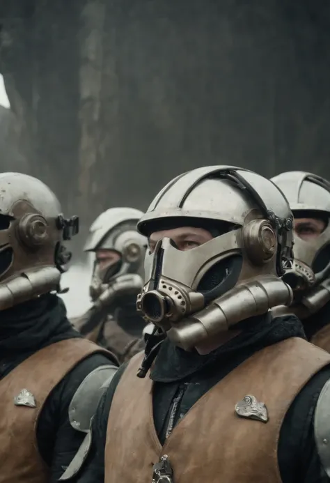 there are four men in helmets standing in a line, cyber steampunk 8 k 3 d, television screenshot, the fifth series, mugshots, anthropomorphic machine, standing in wasteland, wales, promotional shot