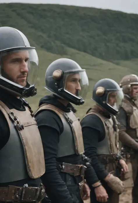 there are four men in helmets standing in a line, cyber steampunk 8 k 3 d, television screenshot, the fifth series, mugshots, anthropomorphic machine, standing in wasteland, wales, promotional shot