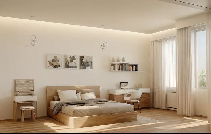 modern bedroom , wooden floor, plants, white ceiling ,morning sunshine, masterpiece, best quality