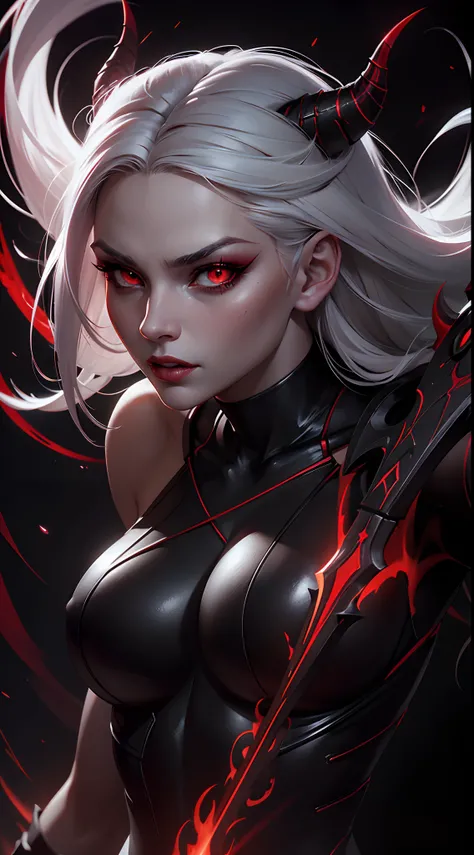 female demon, black background, red energy magic, red glowing eyes, white hair,fair skin, dynamic pose, kawaii, fit build, gorgeous perfect face, in the style of realistic and hyper detailed renderings, zbrush, hyper realistic oil, contoured shading, dark ...