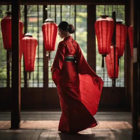 japan woman indoor in red kimono