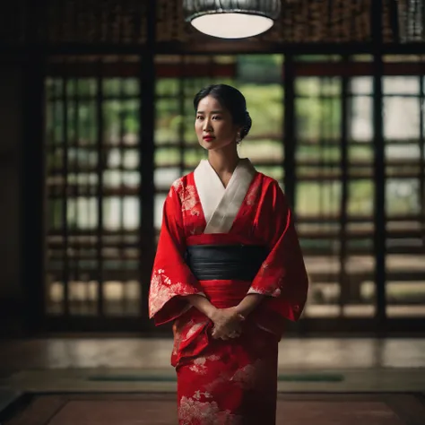 japan woman indoor in red kimono