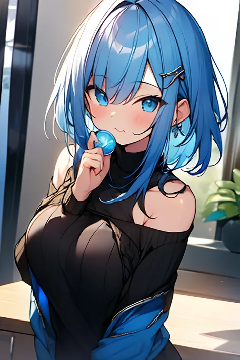 masterpiece,best quality, ultra res, extremely detailed, 1girl,MEMCHOmulticolored hair, white and blue hair, short hair, blue eyes, (:3 :1.4) (BLUE SWEATER, BLACK SHIRT, SHIRT UNDER SWEATER, OFF SHOULDER TOP)