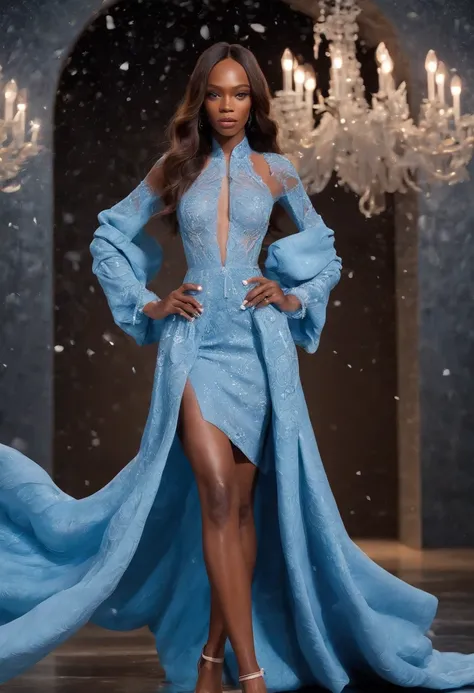 (Best quality,4K,8K,A high resolution,Masterpiece:1.2), Ultra-detailed, (Realistic,Photorealistic,photo-realistic:1.37), fashion show photo, Naomi Campbell was born in London, England，She is a legendary black model, (Perfect limbs), fashion show photo, ((f...