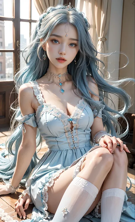 meticulous portrayal of face，1 noblewoman，(Lace orange Lolita maxi dress)，(Long flowing light blue hair)，Exquisite jewelry all over the body，Collar，Anklets，head chain，Lace-trimmed socks，Lolita shoes， s the perfect face， perfect hand， Perfect Finger， Perfec...