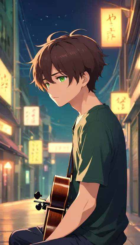 anime 20 year old boy, green eyes, brown hair, short hair, 8k, detail image, tattoos, wearing black outfit, sad, poor, shy, caring a ukulele, background should be in the streets full night.