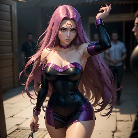 ((Personagem hyper realista)), (Medusa de 25 anos), Grande Ordem do Destino, ((defronte, (corpo inteiro), corpo perfeito, corpo intrincado)), pernas grossas,( coxas internas expostas), long hair, cabelo roxo, (micro-vestido preto curto), decote, ombros a m...