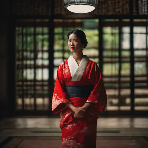 japan woman indoor in red kimono