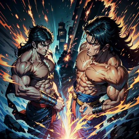 Hokuto no ken kenshiro vs raoh hyper realistic super detailed Dynamic shot master piece scene cinématique scènes movie Epic Legendary perspective environnement of Lord kenshiro muscular handsome warrior