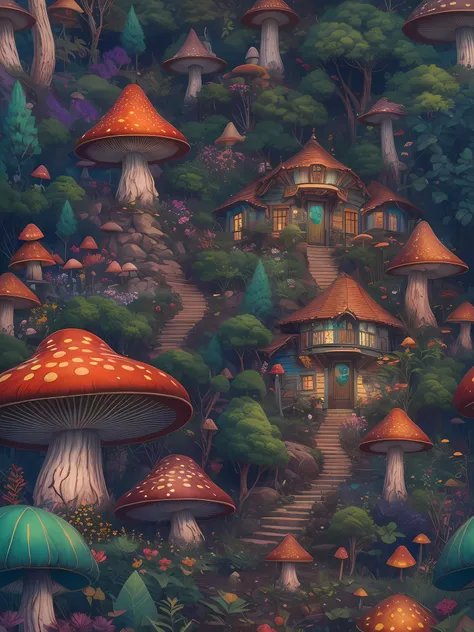 an illustration of the enchanted forest, with tall green trees, small colorful house in a fantasy mushroom in the center, magic, centered, symmetry, painted, intricate, volumetric lighting, beautiful, rich deep colors masterpiece, sharp focus, ultra detail...