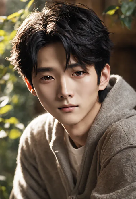 A young teenager，His facial features are delicate and picturesque，Fair and delicate skin。His hair is dark black，Soft and smooth。The sun shines on his face，A soft light and shadow effect is formed，It adds a warm and sunny touch to him。

His eyes were gentle...