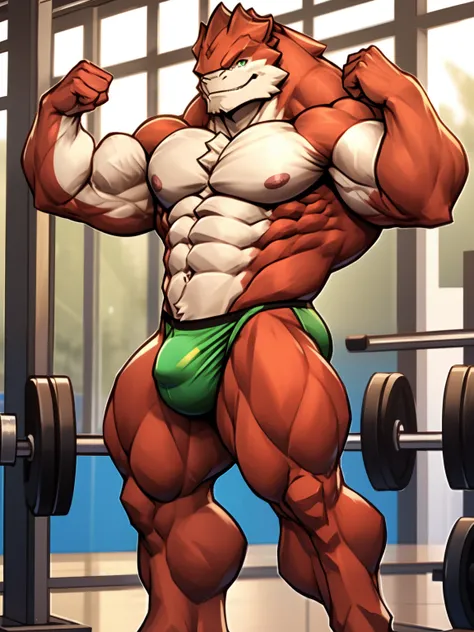 Red Krogan, (white chest), nipples, bodybuilding competition, arms flexing, uncensored, (green speedo), (massive bulge), gym background