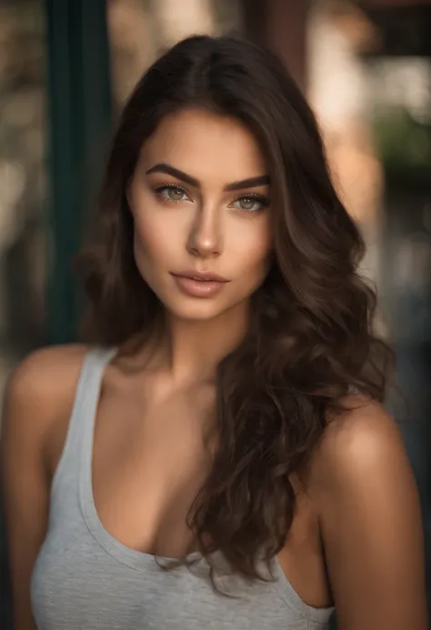 Arafed Mujer con una camiseta sin mangas azul claro y un collar, en un centro comercial, Chica sexy con ojos marrones claros, Retrato Sophie Mudd, short brown hair and large eyes, selfie de una mujer joven, Ojos del dormitorio, Violeta Myers, sin maquillaj...