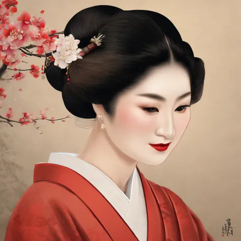 (best quality,4k,8k,highres,masterpiece:1.2),ultra-detailed,(realistic,photorealistic,photo-realistic:1.37),japan woman indoor in red kimono,intense background,traditional japanese room,impeccable makeup,delicate floral patterns,graceful geisha-like pose,e...