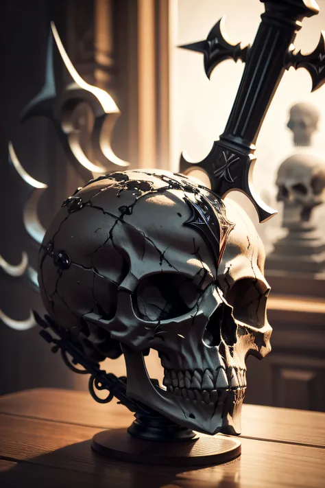 A vinking skull in glass, with battle Axe in it