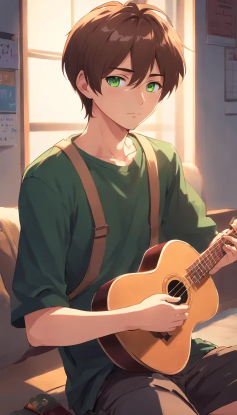 anime 20 year old boy, green eyes, brown hair, short hair, 8k, detail image, tattoos on his body, wearing black outfit, sad, poor, shy, caring a ukulele.