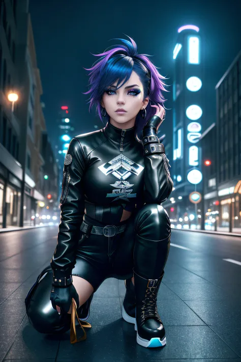 beautiful girl, full body, short bright blue dishevelled hair, black eyeshadow, (street style wear:1.2), ((tight fitted pants)), ((knee high leather boots)), (city night background:1.2), dark makeup, digital art, trending on artstation, highly detailed, fi...