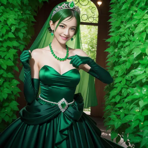 emerald tiara, Green Pearl Necklace, Boyish very short green hair, lipsticks, Japan woman smiling, very short short hair, fist, big breasts beautiful, Green eyes, Long green gloves made of satin material, Green eyes, Emerald Earrings