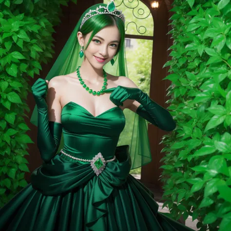 emerald tiara, Green Pearl Necklace, Boyish very short green hair, lipsticks, Japan woman smiling, very short short hair, fist, big breasts beautiful, Green eyes, Long green gloves made of satin material, Green eyes, Emerald Earrings