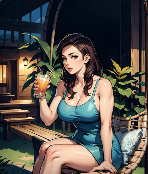 big breast woman sitting on a hammock holding a drink,