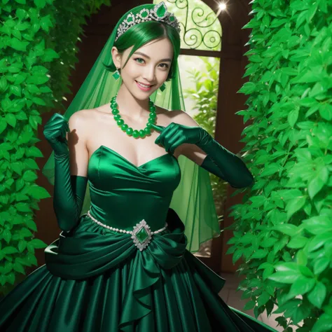 emerald tiara, Green Pearl Necklace, Boyish very short green hair, lipsticks, Japan woman smiling, very short short hair, fist, big breasts beautiful, Green eyes, Long green gloves made of satin material, Green eyes, Emerald Earrings