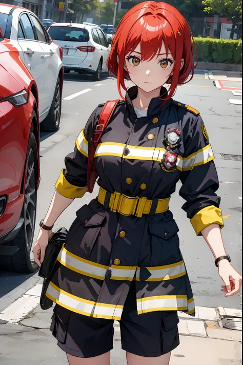 firefighter girl with red shotr hair