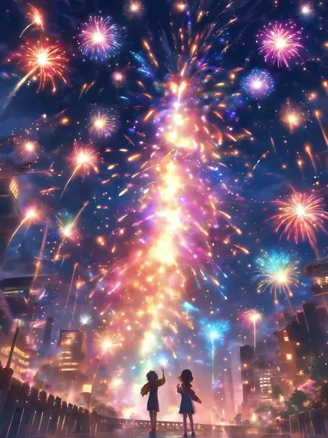 Brilliant：Fireworks bloom in the night sky，coloured with lots of colour，radiating with light，Its dizzying。
coloured with lots of colour：The colors of fireworks are rich and varied，There is red、Yellow、Blue、Green and other colors，It forms a colorful picture。...