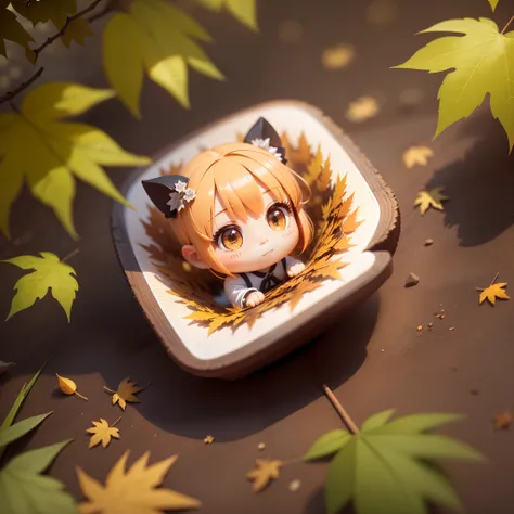 3D rendering, Q printmaking style,chibi,SOLO,A cute girl sticker, Maple forest in autumn，Scattered maple leaves，Soft sunshine，Soft light