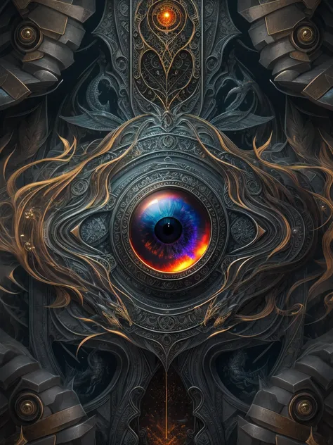 black smooth metallic monolith with multicolor dragon eye in the middle of a dark swamp, blood, portal, sunrise, fog, gold and petrol pattern, transparent, magic, science fiction, ai, trading derivatives, HDR, RGB, highly realistic, Volumetric light, auras...