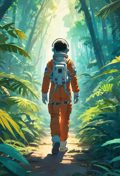 Astronaut walking in the jungle, Sony A7r, 50-mm-Objektiv, Morgenglühen, 8K