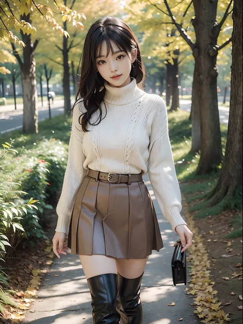 Wearing long boots and skirt on the tree-lined avenue of autumn leaves in autumn park、Wearing a knitted turtleneck sweater、 Taking a walk、Beautiful feet、drooing eyes: 1.3,, (in 8K) , ​master piece, (No retouching, Lip gloss, False eyelashes, Real Skin, of ...