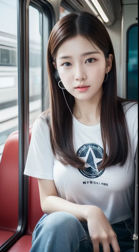 realistic photos of 1 cute Korean star, straight hair, white skin, thin makeup, 32 inch breasts size, wearing t-shirt, pants, wearing earphone,sitting in a train, close-up portrait, UHD