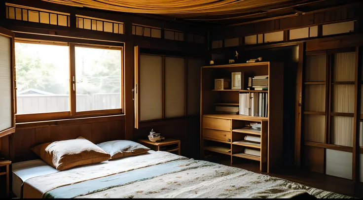 Backlighting, Dark, old traditional house, Home video, subjective, miscellaneous, messy,((A room with curtains drawn closed)),Decorated curtains,(Tatami), ((singlebed:1.3)),((bedroom)),((Buddhist altar)),((a room with no incoming light)), ((blackout curtai...