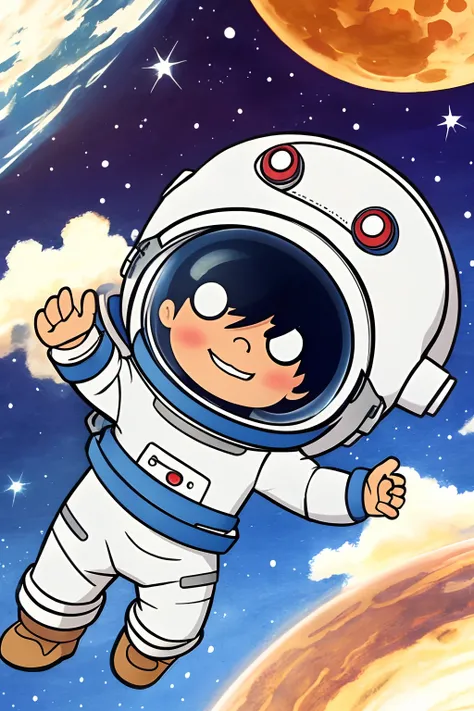 cute astronaut chibi, para capa livro infantil, fundo branco, poucos detalhes, Desenho simples, poucos outros elementos, Adesivo 2D, Corpo inteiro, desenho aquarela, HD