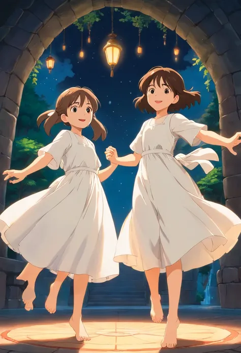 Two 12-year-old girls，Wearing a white dress，Barefoot，dance