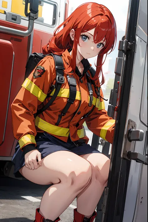 firefighter girl with red shotr hair