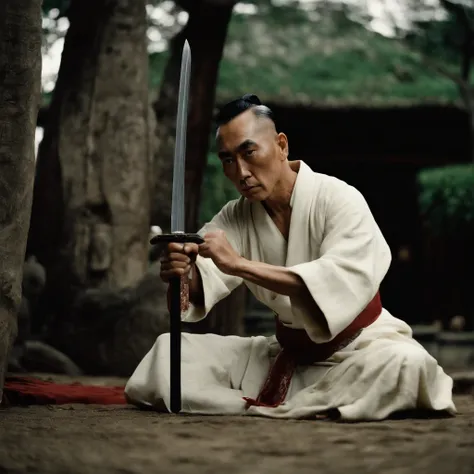 Yukio Mishima  is sitting on the ground,, with a sword in hand, behind him stands a Japanese woman in the background