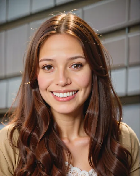 arafed girl with long brown hair and a smile on her face, yearbook photo, portrait sophie mudd, realistic portrait photo, detailed portrait, high quality portrait, kailee mandel, emily rajtkowski, headshot photo, detailed color portrait, medium close up po...