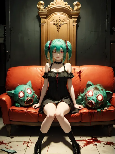 ahegao、miku hatsune、green hair、sitting in a throne、black dress、very fellow humanoid characters, red eyes, she's crazy, nutty, ho...