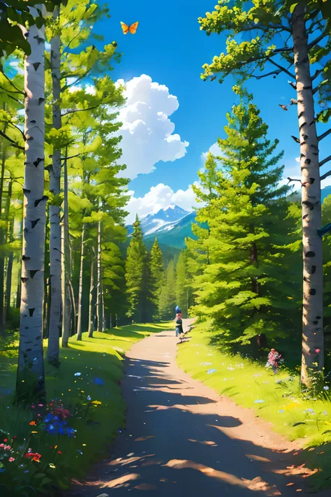 mountain path, fir trees, birch trees, children playing, flowers, butterflies, flying birds, landscape, birds chirping, sunlight...