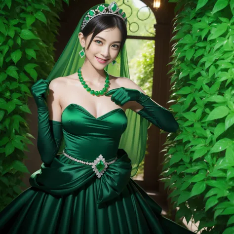 emerald tiara, Green Pearl Necklace, Boyish very short black hair, lipsticks, Japan woman smiling, very short short hair, fist, big breasts beautiful, Green eyes, Long green gloves made of satin material, Green eyes, Emerald Earrings