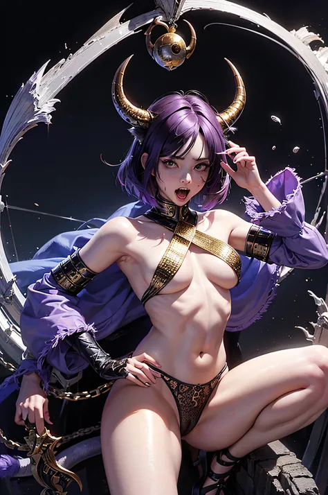 Oni woman, black horns, sexy, transparent breast, transparent clothes, athletic, skinny, fit, red skin, bones, black eyes, eyeball tattoo, nordic tattoos, full body photo, artistic pose, very angry face, long fangs, silk, diamond face, demon tail, neo noir...