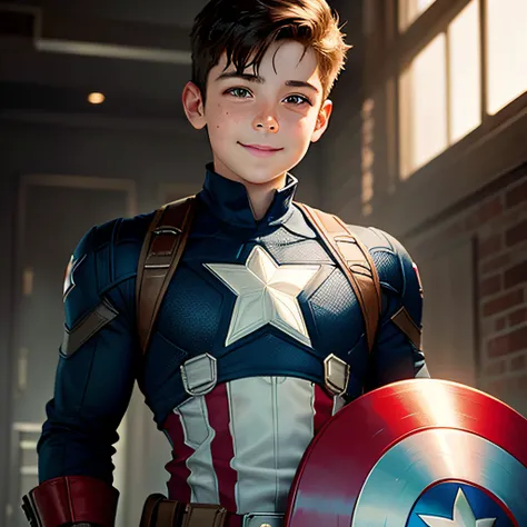 A young boy with，of a real，Marvel movies，captain america，Make a smile